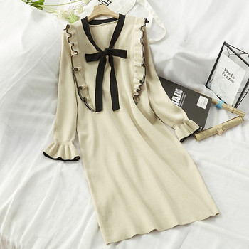 Női téli ruha hosszú szalagos modellel zöld és bézs színben