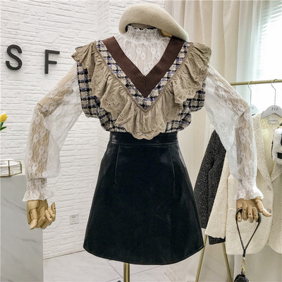 Új modell női csipkeblúz pólógallérral + kockás mellény két színben