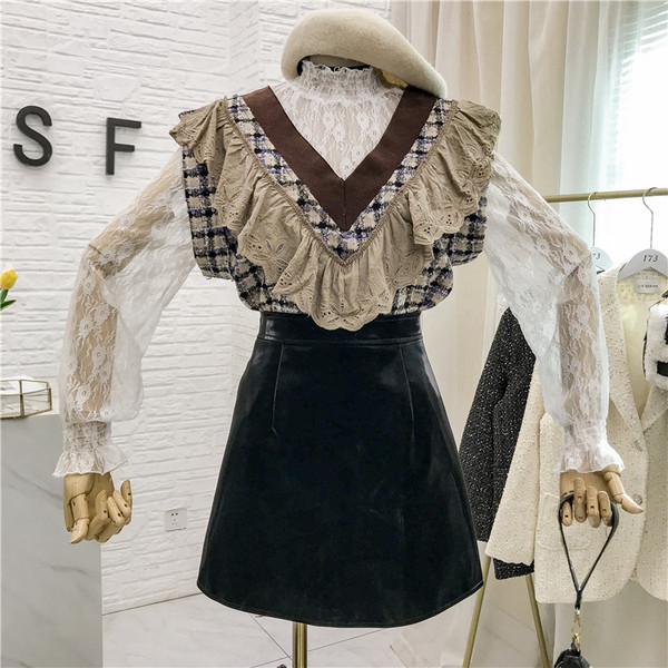 Új modell női csipkeblúz pólógallérral + kockás mellény két színben