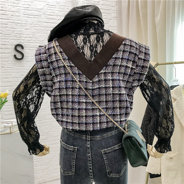 Új modell női csipkeblúz pólógallérral + kockás mellény két színben