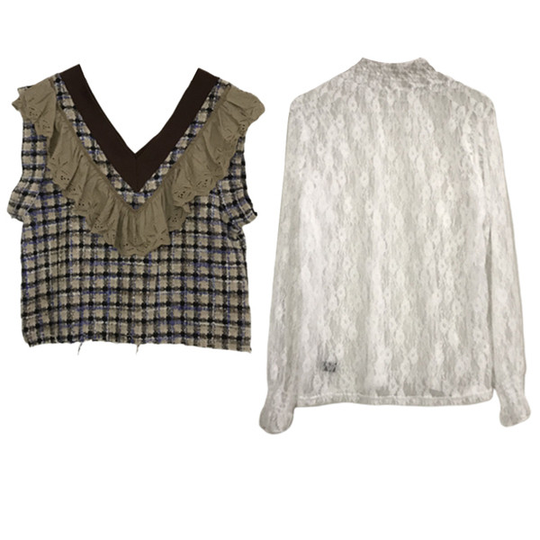 Új modell női csipkeblúz pólógallérral + kockás mellény két színben