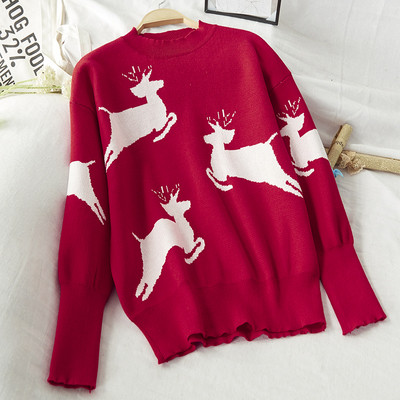 Női téli pulóver, piros karácsonyi motívumokkal