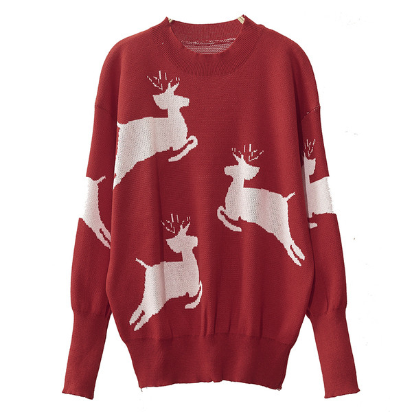 Női téli pulóver, piros karácsonyi motívumokkal