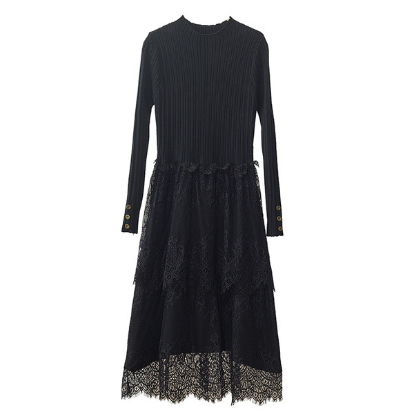 Rochie moderna de dama cu maneci lungi si dantela in negru, alb si albastru