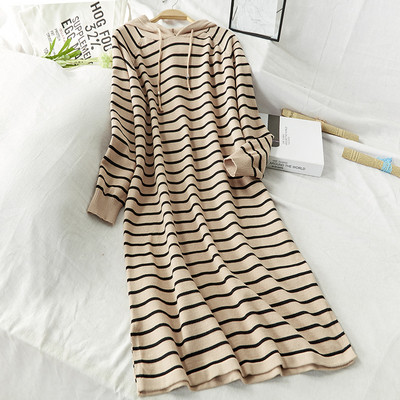 Csíkos női ruha kapucnival - hosszú modell több színben