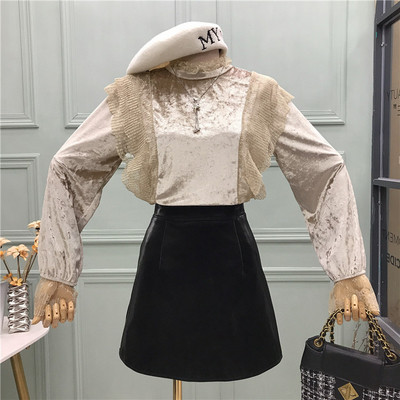 Új modell elegáns női blúz kerek bársony nyakkivágással több színben