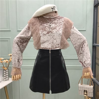 Új modell elegáns női blúz kerek bársony nyakkivágással több színben