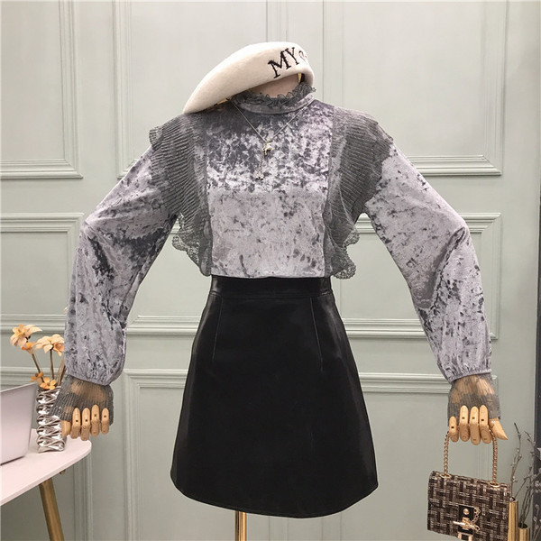 Új modell elegáns női blúz kerek bársony nyakkivágással több színben