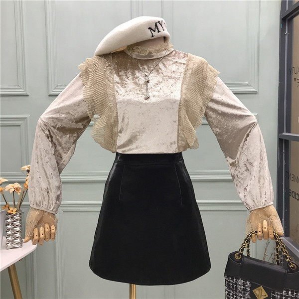 Új modell elegáns női blúz kerek bársony nyakkivágással több színben