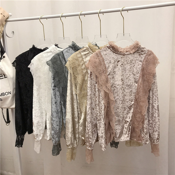 Új modell elegáns női blúz kerek bársony nyakkivágással több színben