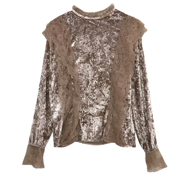 Új modell elegáns női blúz kerek bársony nyakkivágással több színben