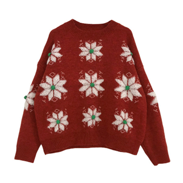 Női karácsonyi pulóver kerek nyakkivágással, piros, kék és zöld hópelyhekkel