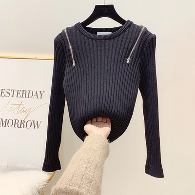 Női pulóver cipzárral és ovális nyakkivágással, négy színben