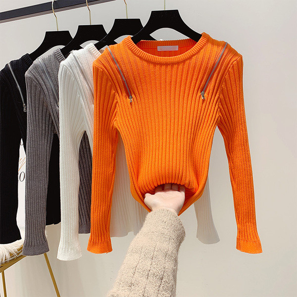 Női pulóver cipzárral és ovális nyakkivágással, négy színben