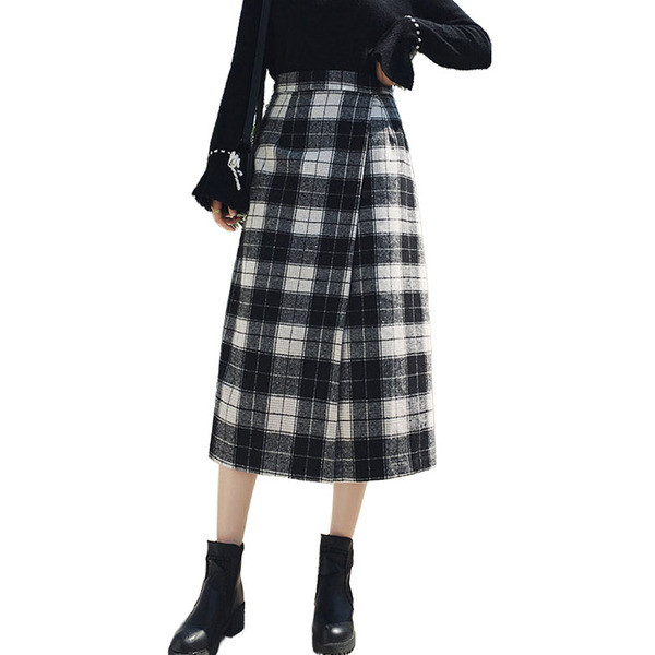 Hosszú kockás szoknya magas derékkal és hasítékkal