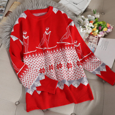 Karácsonyi motívumú, kerek nyakkivágású női pulóver fehér, fekete és piros színben