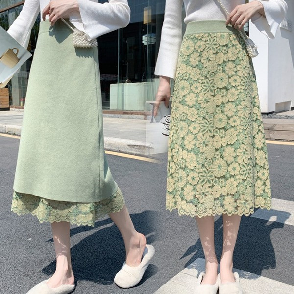 Hosszú csipke kétoldalas szoknya bézs, zöld és fekete színben