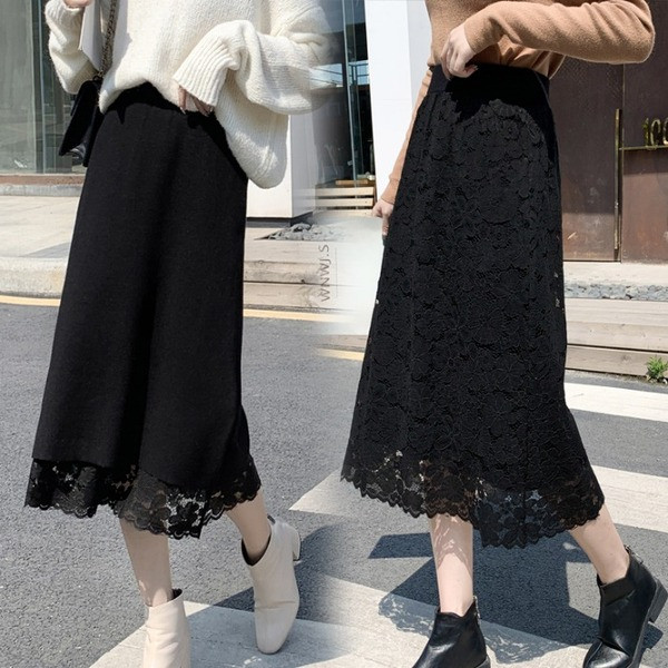 Hosszú csipke kétoldalas szoknya bézs, zöld és fekete színben