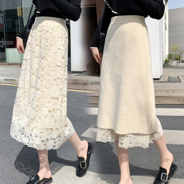 Hosszú csipke kétoldalas szoknya bézs, zöld és fekete színben