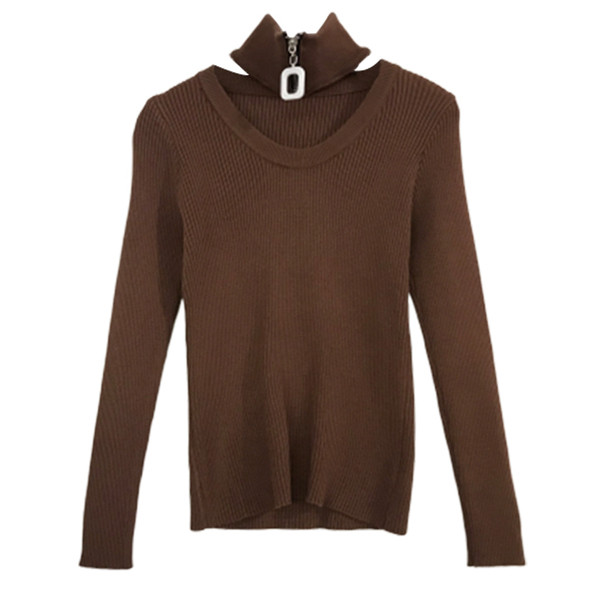 Pulover de dama modern cu guler polo, fermoar si decupaje in mai multe culori