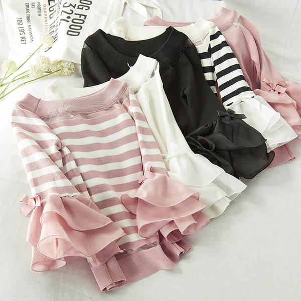 Bluză de damă în dungi cu mâneci lotus în mai multe culori diferite