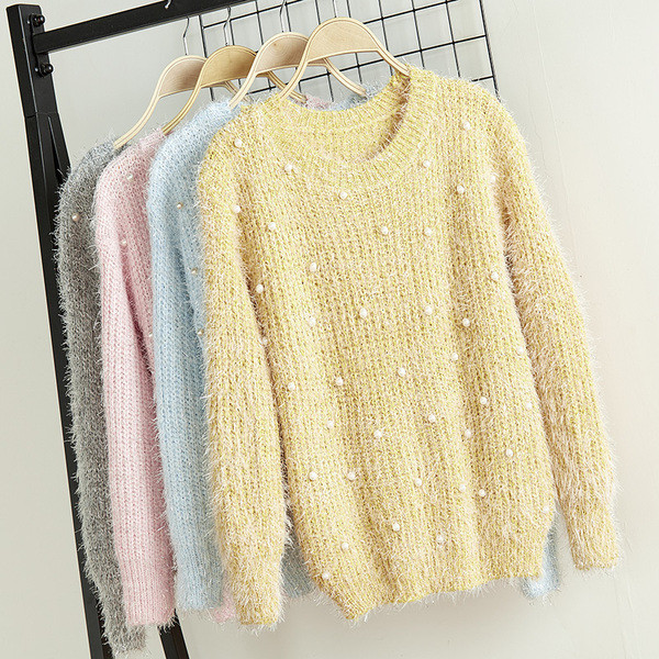 Pulover de dama toamna-iarna cu perle decorative in mai multe culori