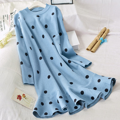 Rochie de iarna de dama cu maneci lungi in albastru, bej si negru