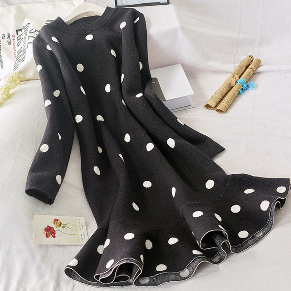 Rochie de iarna de dama cu maneci lungi in albastru, bej si negru