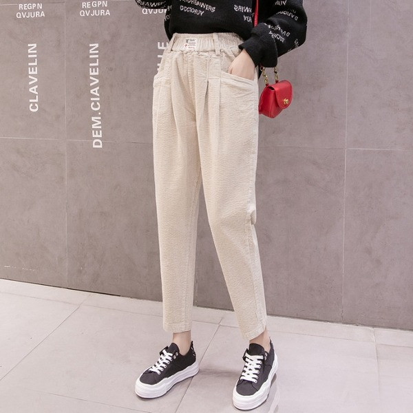 Női alkalmi nadrág kordbársonyból, magas derékkal