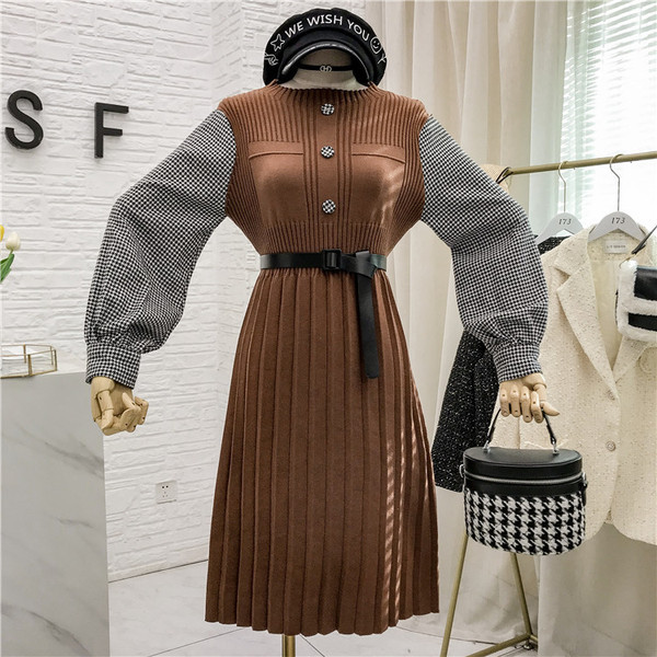 Rochie casual dama tricotata cu curea si fusta plisata in doua culori