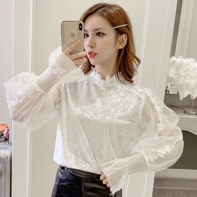 Bluză de damă modernă din catifea și mâneci din tul în negru și bej