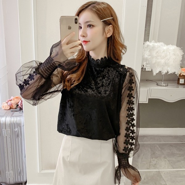 Bluză de damă modernă din catifea și mâneci din tul în negru și bej