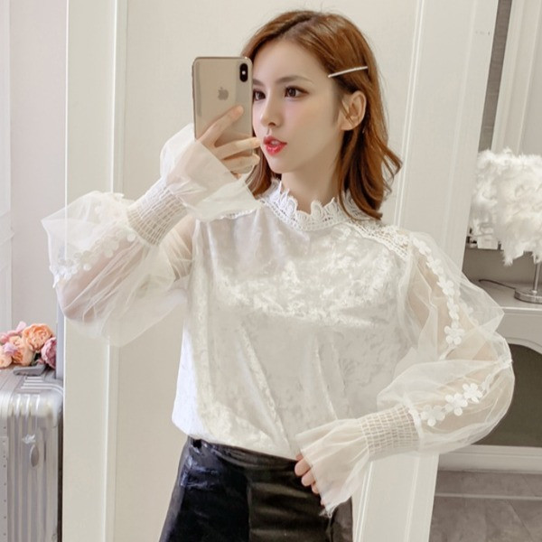 Bluză de damă modernă din catifea și mâneci din tul în negru și bej