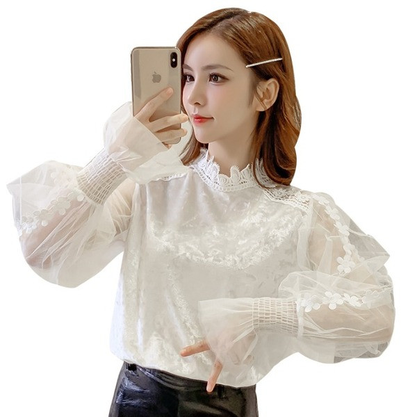 Bluză de damă modernă din catifea și mâneci din tul în negru și bej