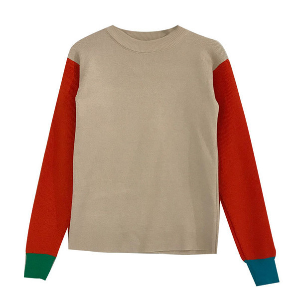 Modern női pulóver kerek nyakkivágással és hosszú ujjú bézs és kék színben