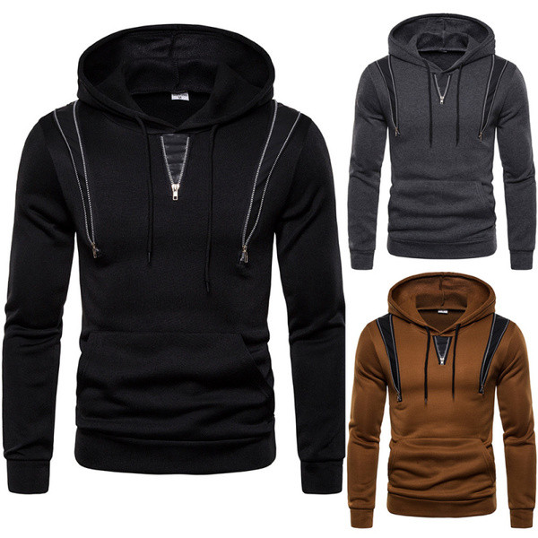 Hanorac pentru bărbați cu glugă și buzunar în culorile gri, negru și maro