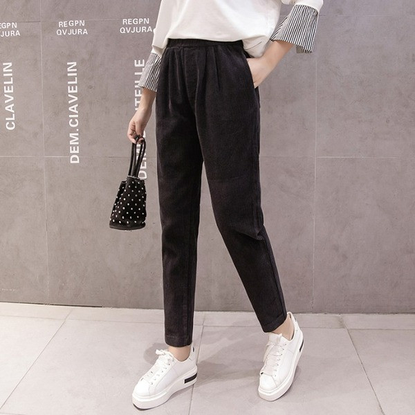 Pantaloni casual dama din catifea cu talie elastica