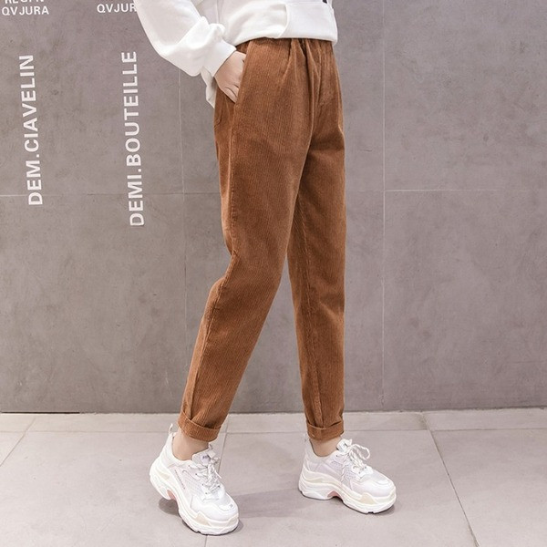 Pantaloni casual dama din catifea cu talie elastica