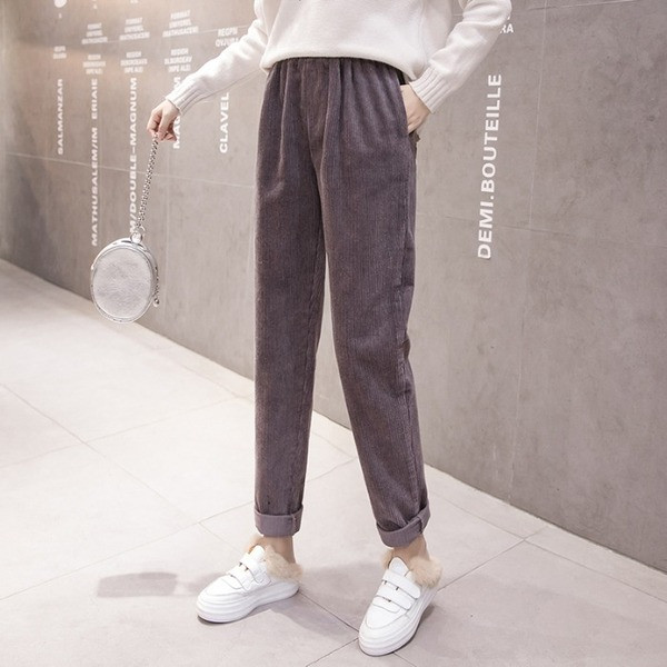 Pantaloni casual dama din catifea cu talie elastica