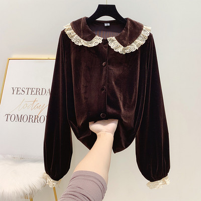 Cămașă de damă din catifea cu dantelă și nasturi