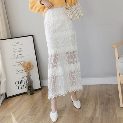 Fusta lunga din dantela cu talie elastica in alb, bej si negru