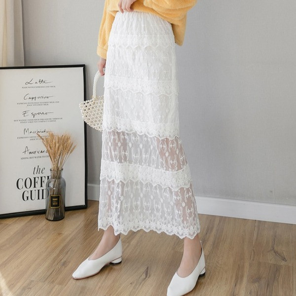 Fusta lunga din dantela cu talie elastica in alb, bej si negru