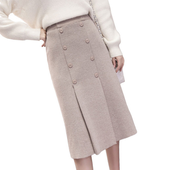 Fusta lunga tricotata cu nasturi in bej, maro si negru