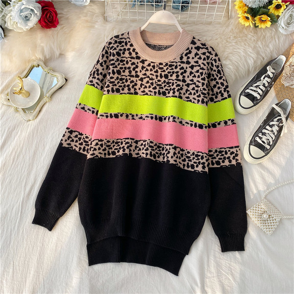 Pulover lung de dama cu model leopard in trei culori