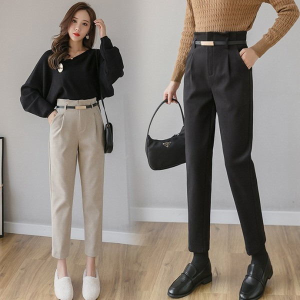 Elegáns női nadrág magas derékkal és övvel