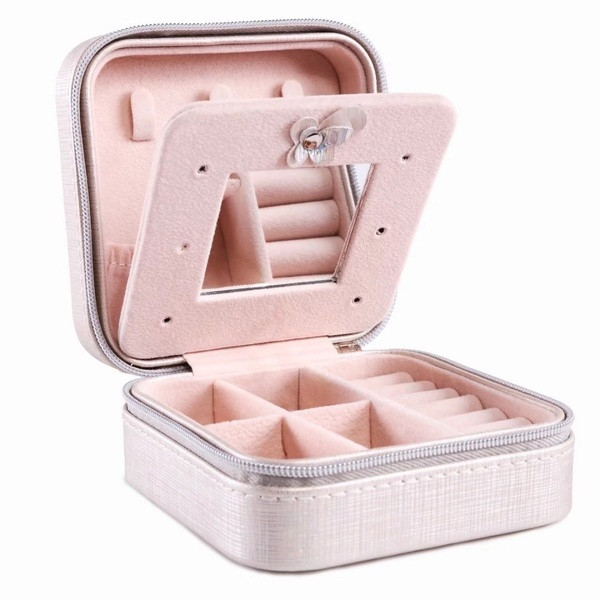 Leather jewelry box with mirror and metal decoration - Eiffel tower or wheel in pink, white and gray