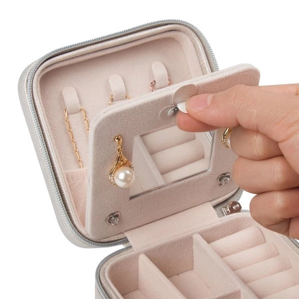 Cutie de bijuterii din piele cu oglinda si decor metalic - Turnul Eiffel sau roata in roz, alb si gri