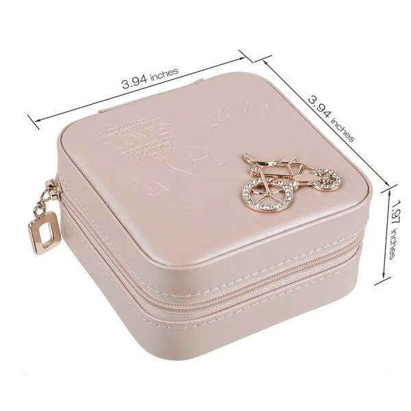 Cutie de bijuterii din piele cu oglinda si decor metalic - Turnul Eiffel sau roata in roz, alb si gri