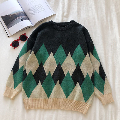 Pulover de dama in rosu si gri cu decolteu rotund