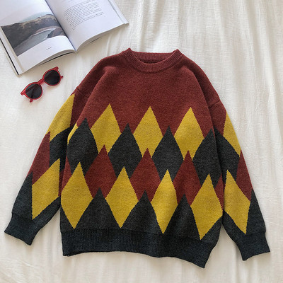 Pulover de dama in rosu si gri cu decolteu rotund